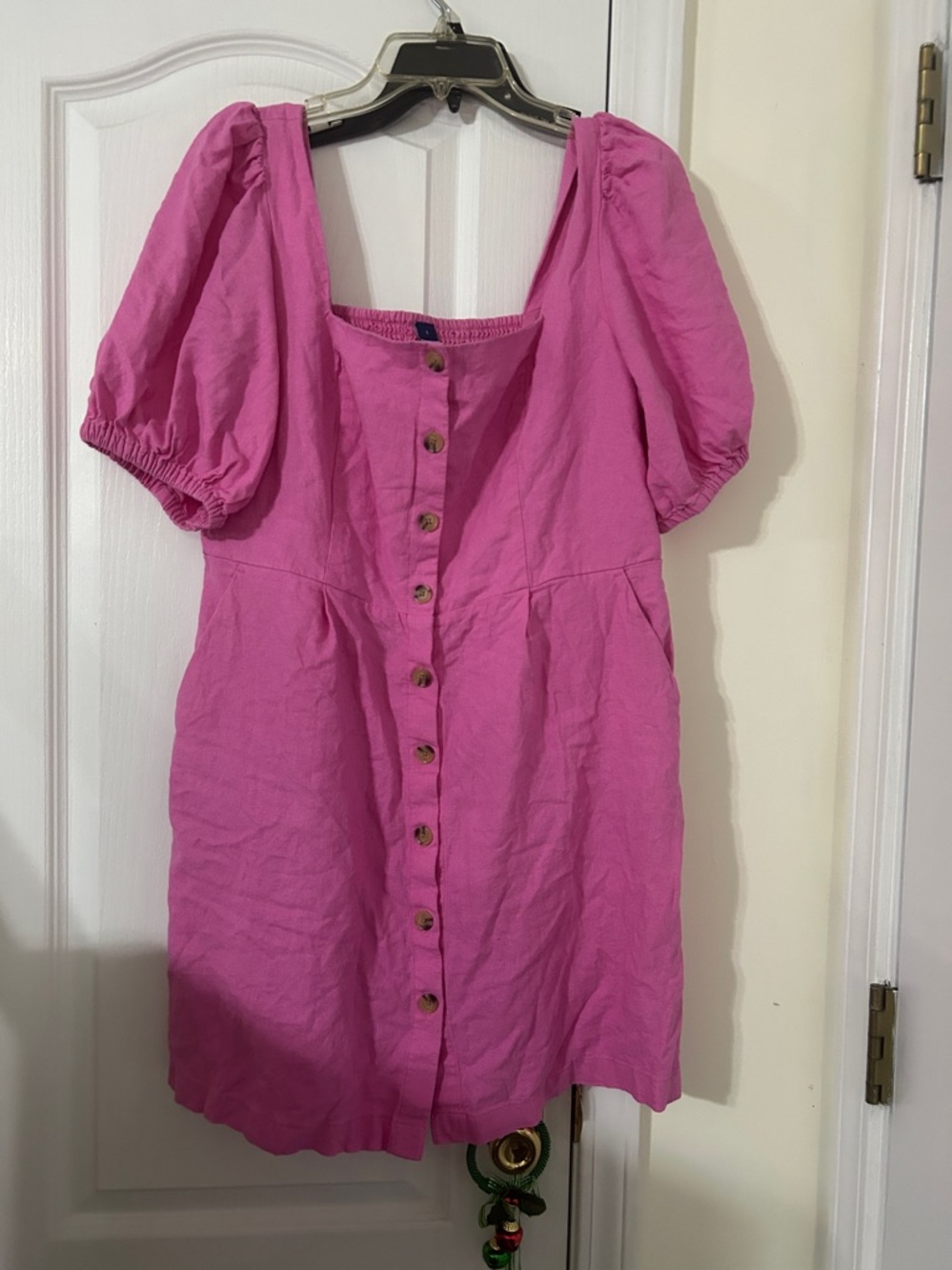 Old Navy Pink Puff-Sleeve Button-Front Midi Dress